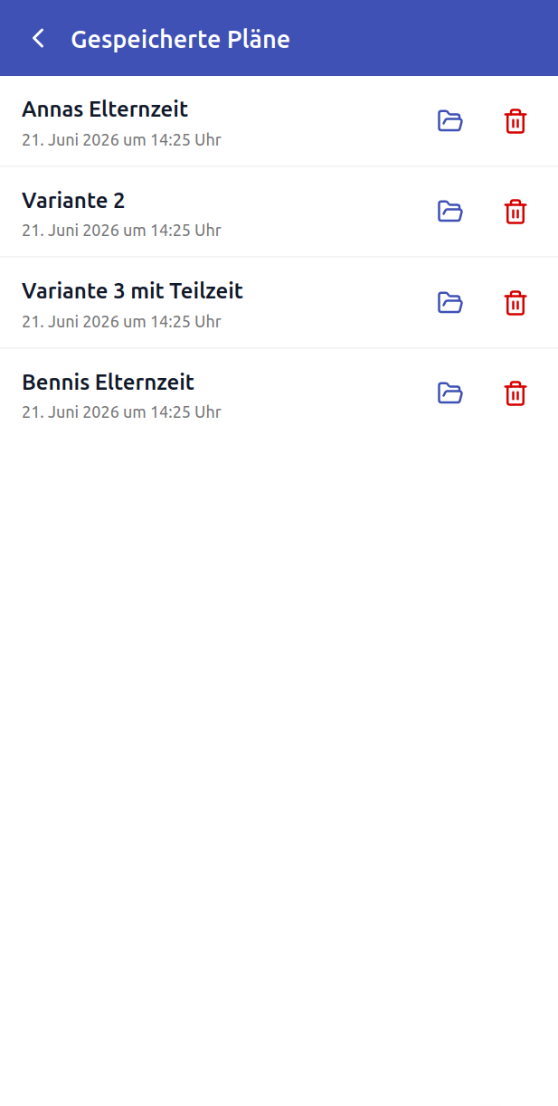 Liste gespeicherter Elterngeldpläne mit Namen und Speicherdatum.