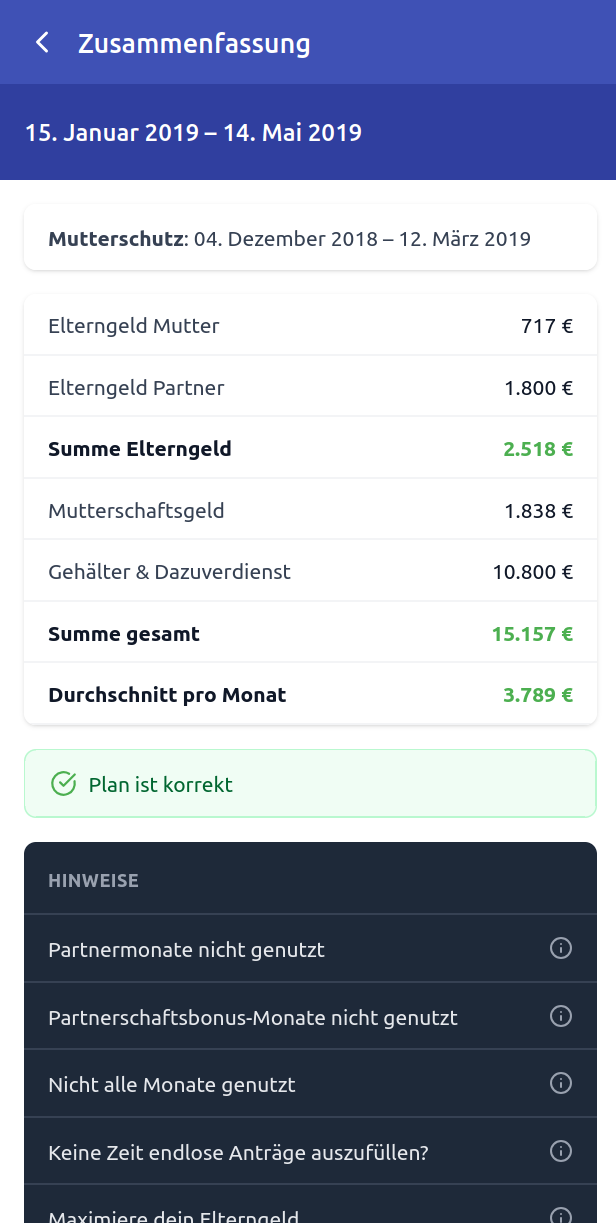 Zusammenfassung mit Elterngeld, Mutterschaftsgeld, Gesamtsumme und Durchschnitt pro Monat.