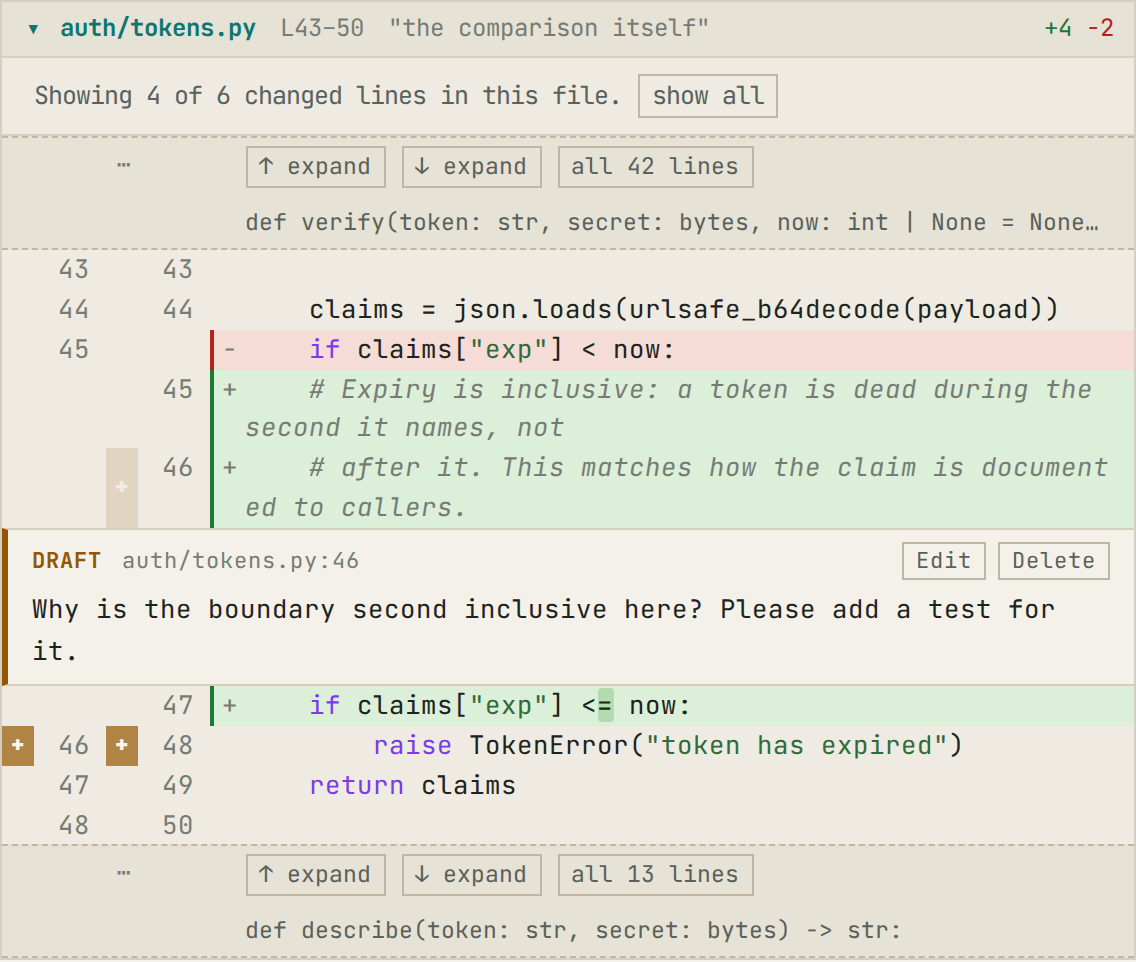 A comment drafted on a line of the diff